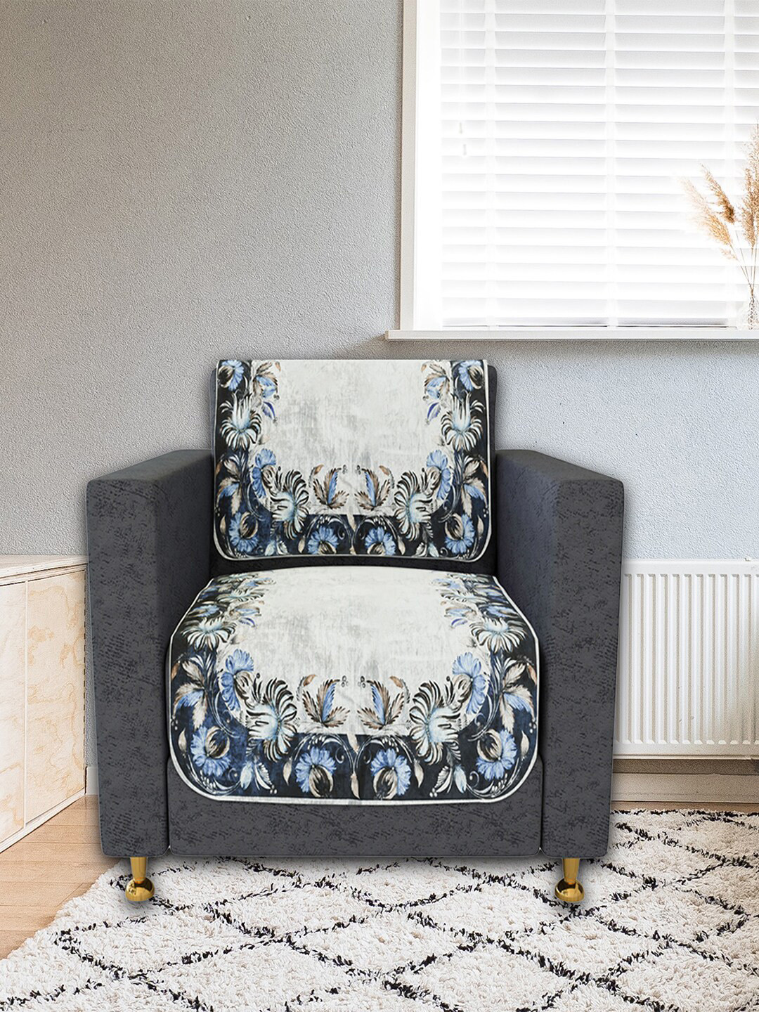 Kuber Industries 2 Pcs Grey & Blue Ethnic Motifs Velvet Single Seater Sofa Slip Cover Set