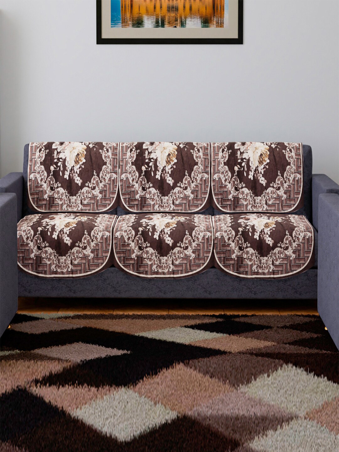 Kuber Industries 6 Pcs Brown & Cream-Coloured Printed Velvet 3-Seater Sofa Cover