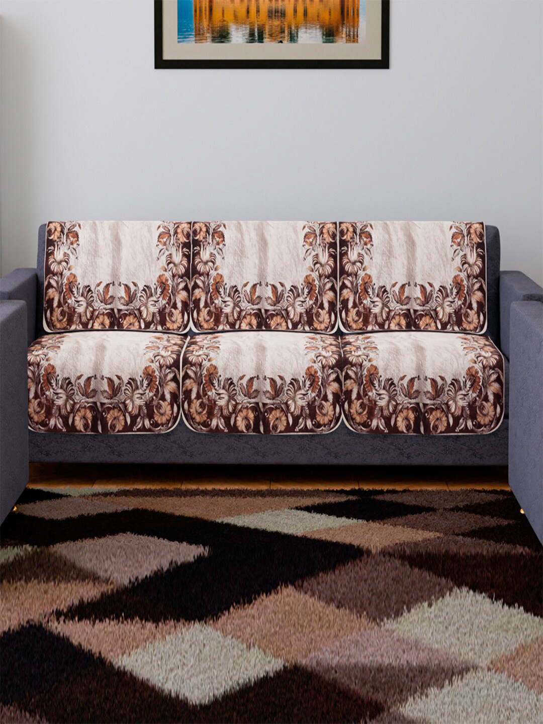 Kuber Industries Cream-color & Maroon 6 Pieces Printed Velvet 3 Seater Sofa Slip Covers