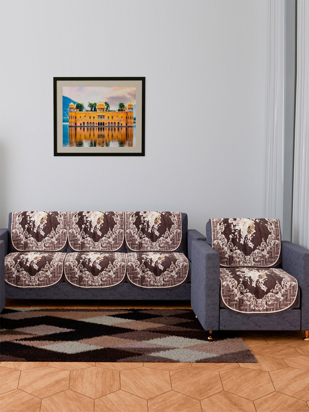 Kuber Industries Cream-color & Brown 8 Pieces Printed Velvet 4 Seater Sofa Slip Cover Set