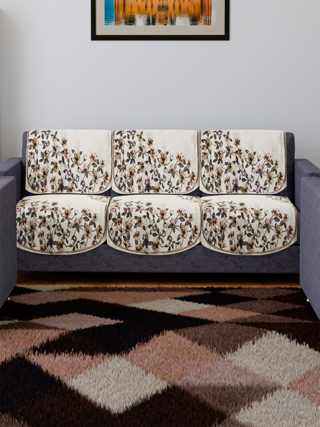 Kuber Industries Cream-color & Grey 6 Pieces Floral Printed 3 Seater Sofa Slip Cover Set