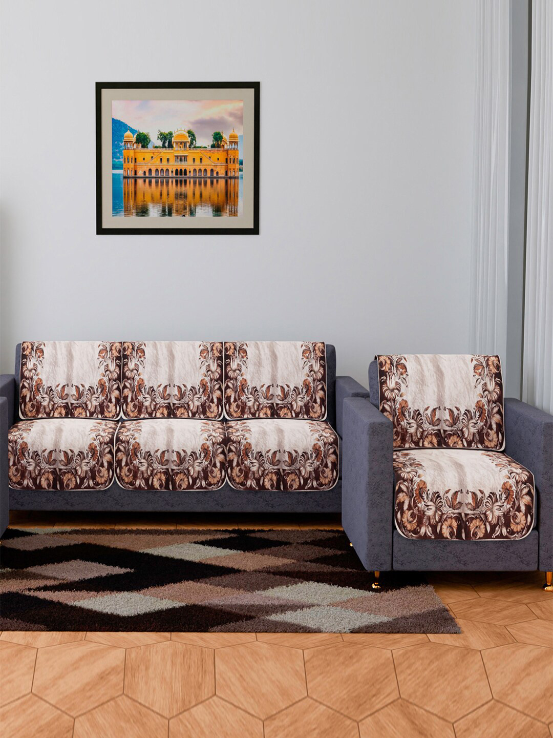 Kuber Industries 8 Pcs Cream-Colored & Brown Printed Velvet 4-Seater Sofa Covers