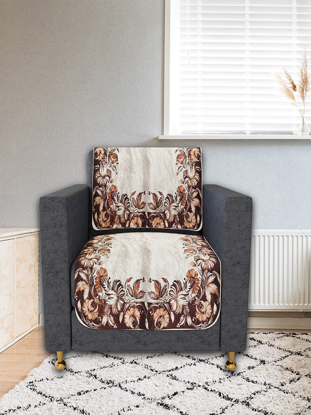 Kuber Industries Cream-Color & Maroon 2 Pcs Printed Velvet Single Seater Sofa Slip Covers