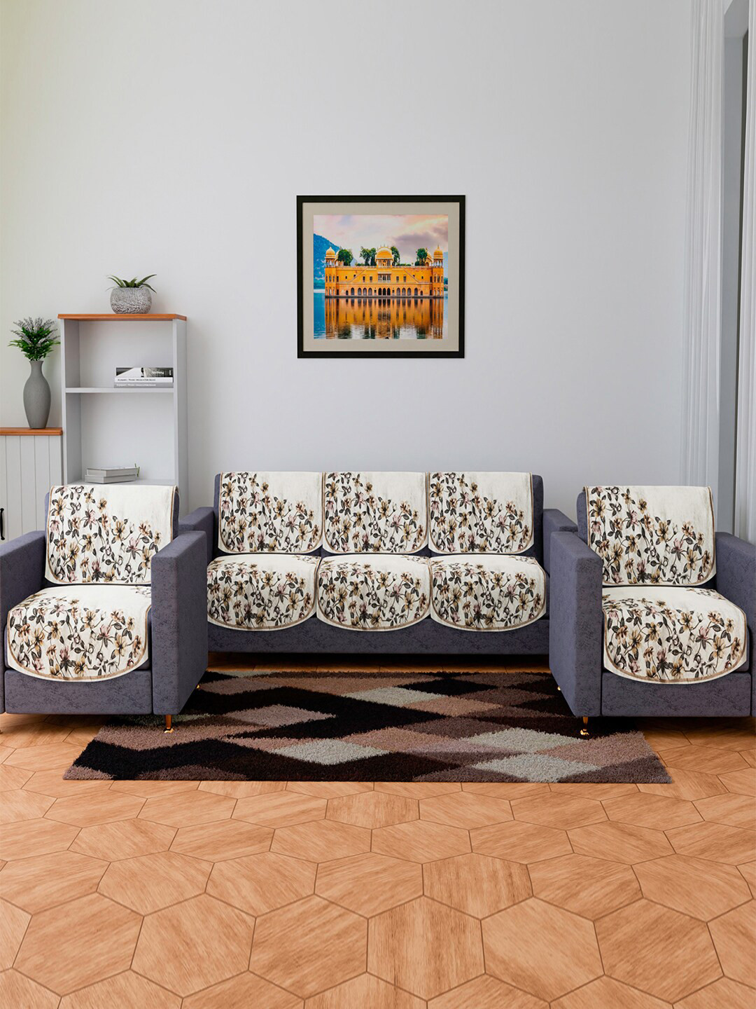 Kuber Industries 10 Pcs 5 Seater Sofa Cover Set Slip Cover Flower Print Velvet Couch Cover