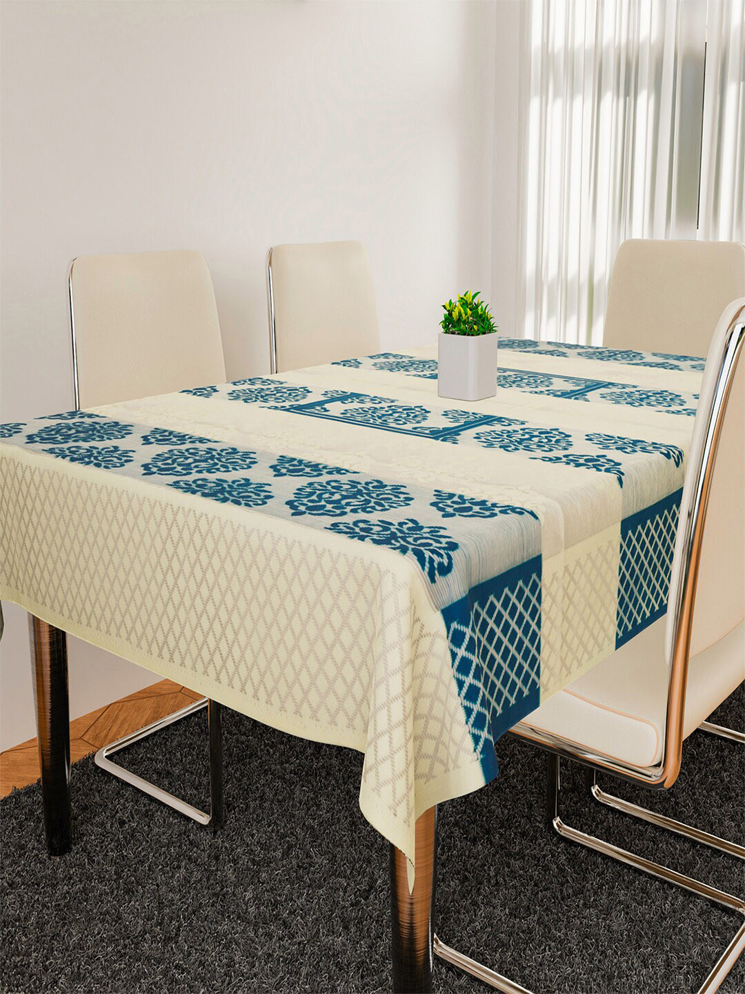 Kuber Industries Cream & Blue 4 Seater Table Protector Cover