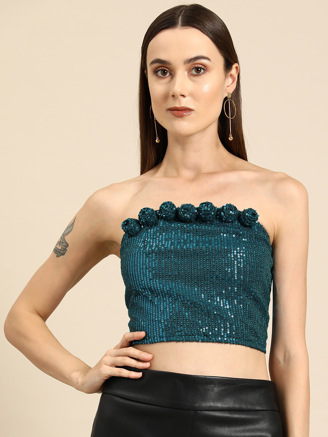 DODO & MOA Green Sequined Off-Shoulder Crop Top
