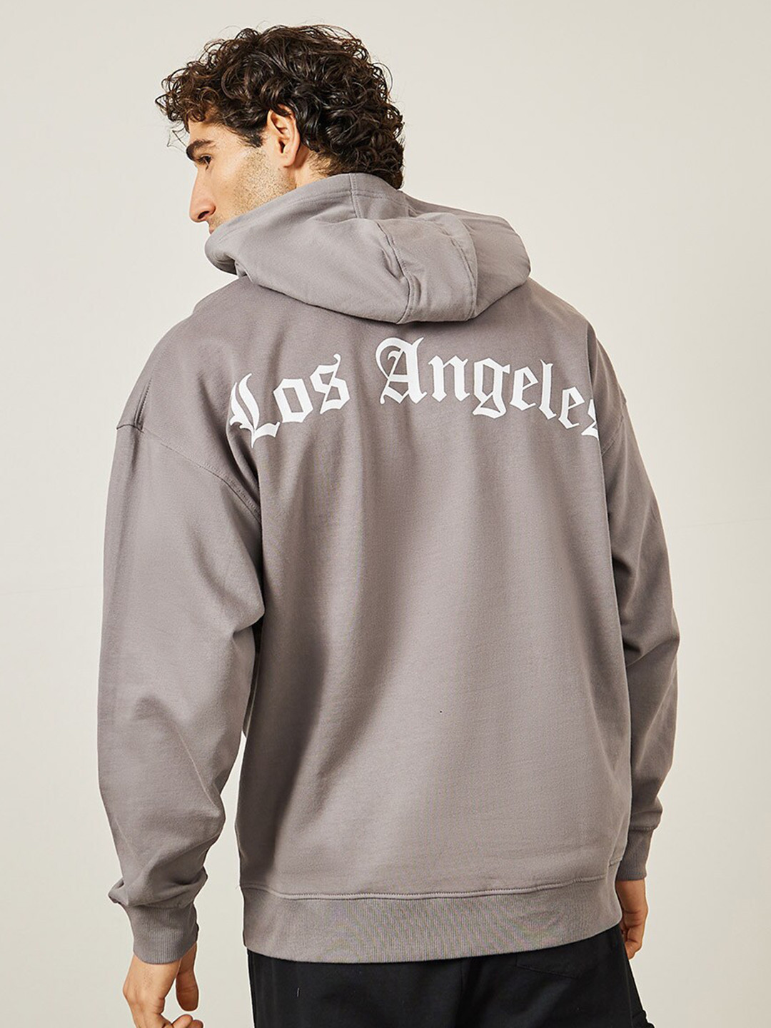 Styli Grey Typography Printed Hooded Long Sleeves Cotton Pullover Oversized Sweatshirt