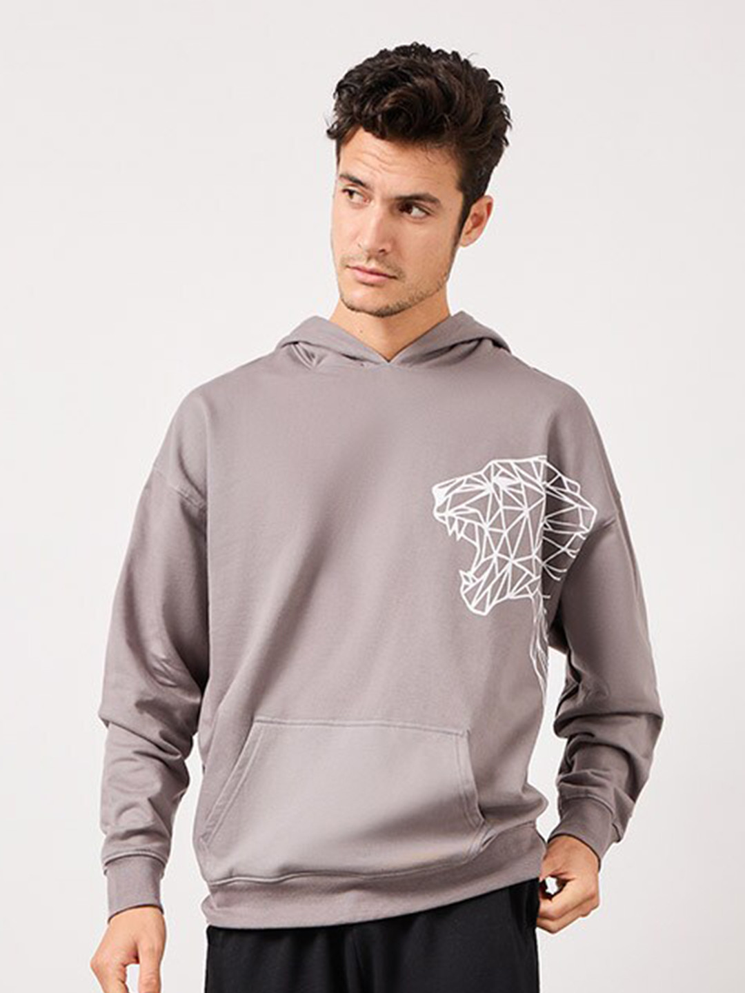 Styli Grey Graphic Printed Hooded Long Sleeves Cotton Pullover Oversized Sweatshirt