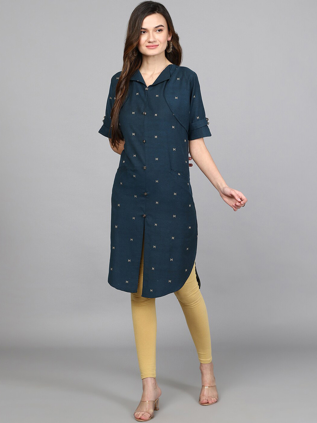 KALINI Geometric Printed Shirt Collar Slit Sleeves Dobby Weave A-Line Kurta