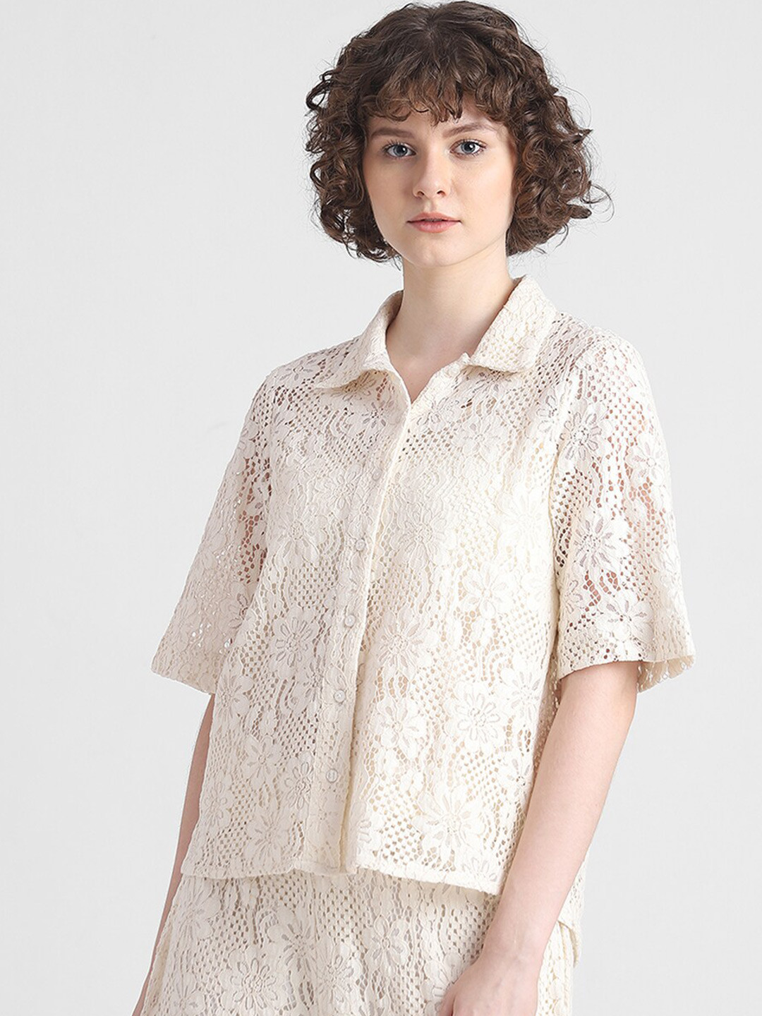 ONLY Floral Self Design Short Sleeves Semi Sheer Printed Casual Shirt