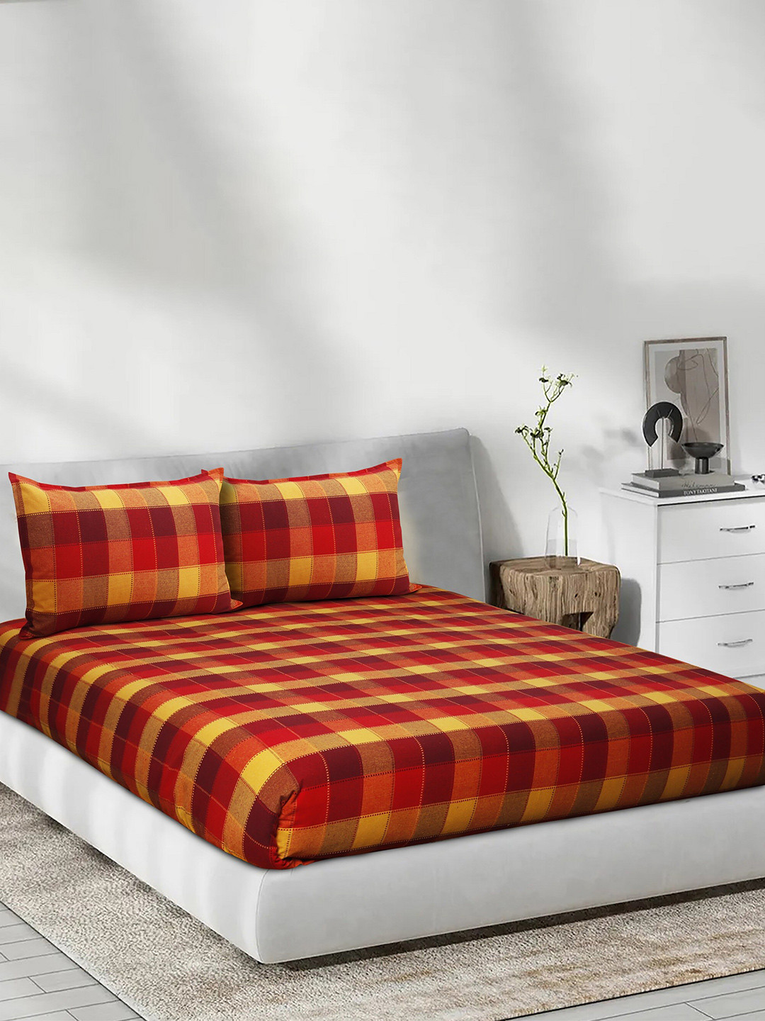 Airwill Red Checked Cotton 104 TC Queen Coarse Bedsheet with 2 Pillow Covers-90 x 100 inches