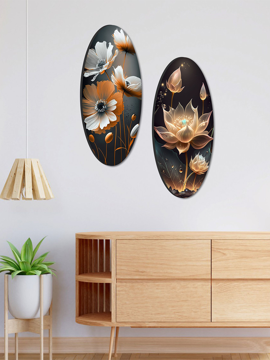 SAF Blue & Brown 2 Pieces Oval Shape Floral Theme Hanging Wall Art