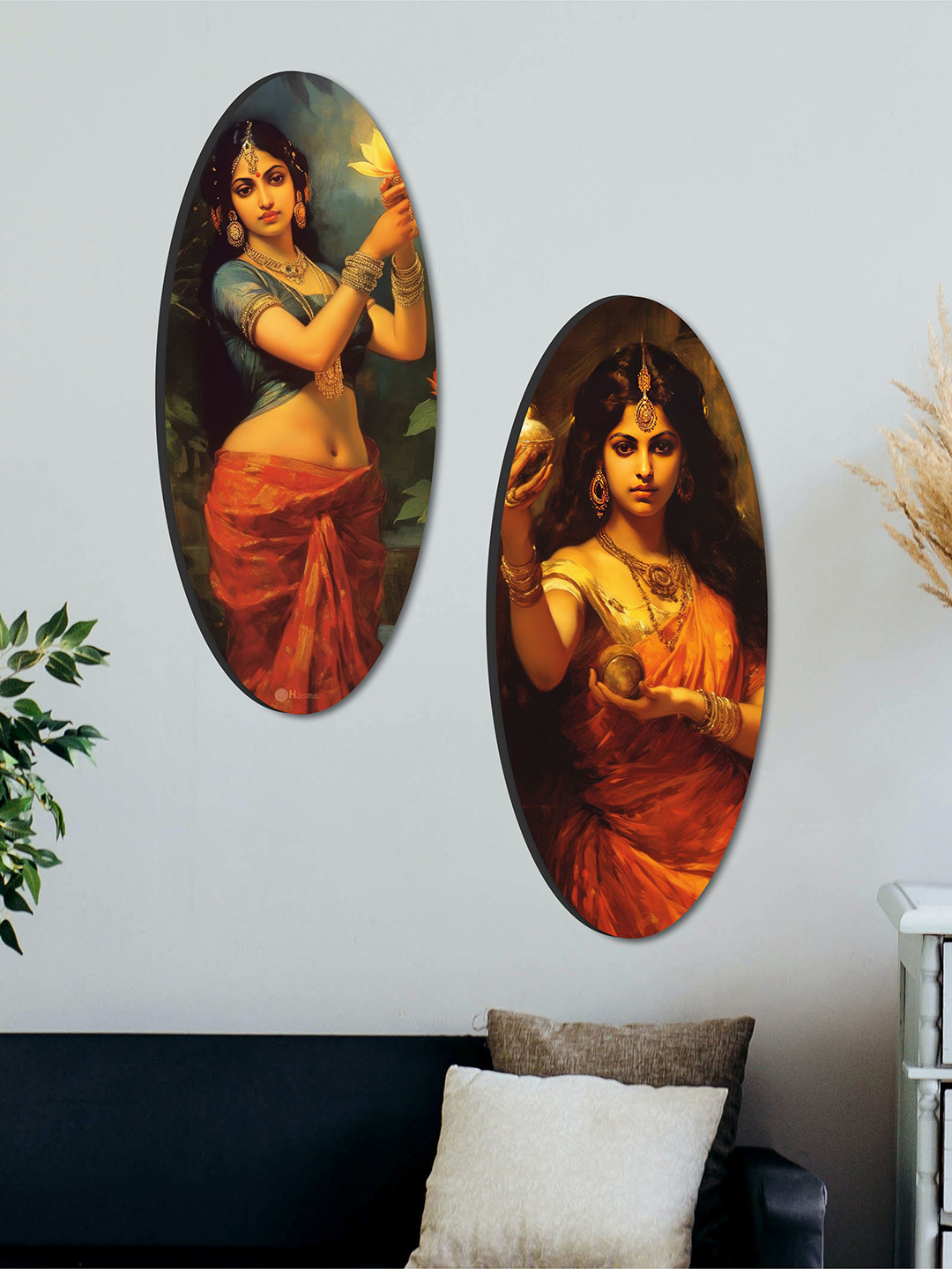 SAF Traditional Woman Wood Ethnic Motifs Antique Sticking Hall 2Pcs Wall Hangings-16In