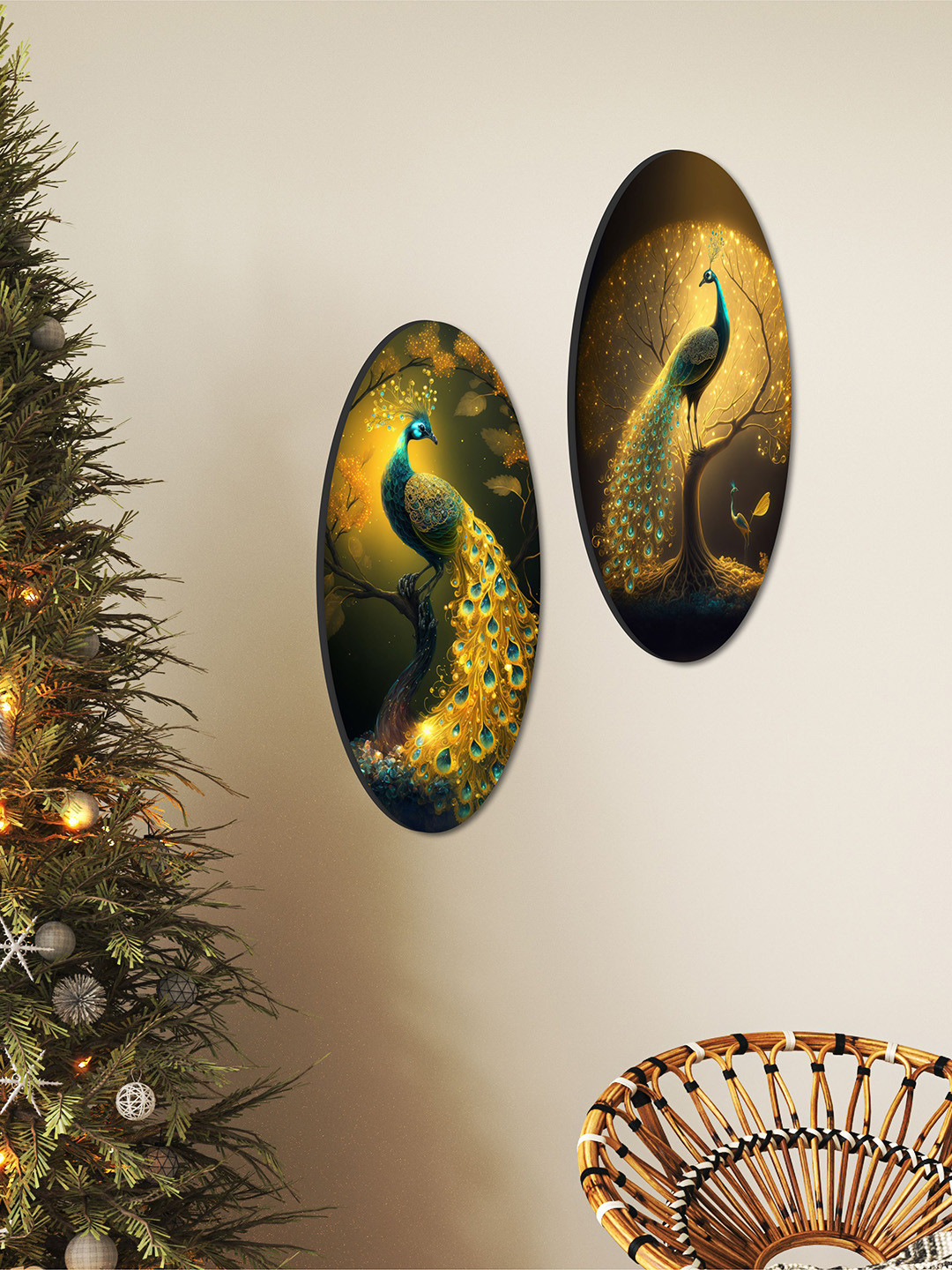 SAF Gold Toned & Blue 2 Pieces Beautiful Peacock Wall Arts