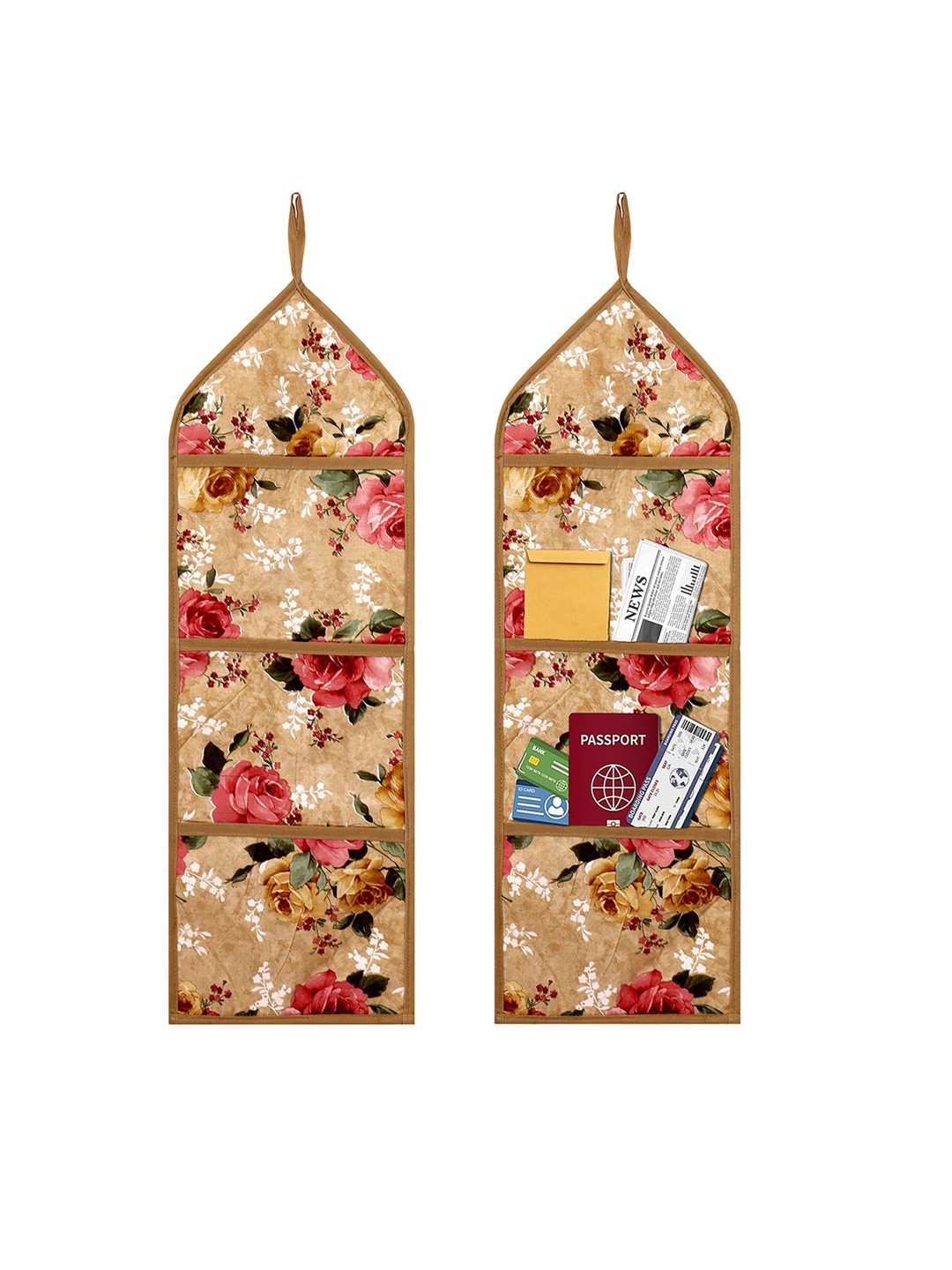 Kuber Industries Beige & Green 2 Pieces Floral Document Holder Wall Hanging Organizer