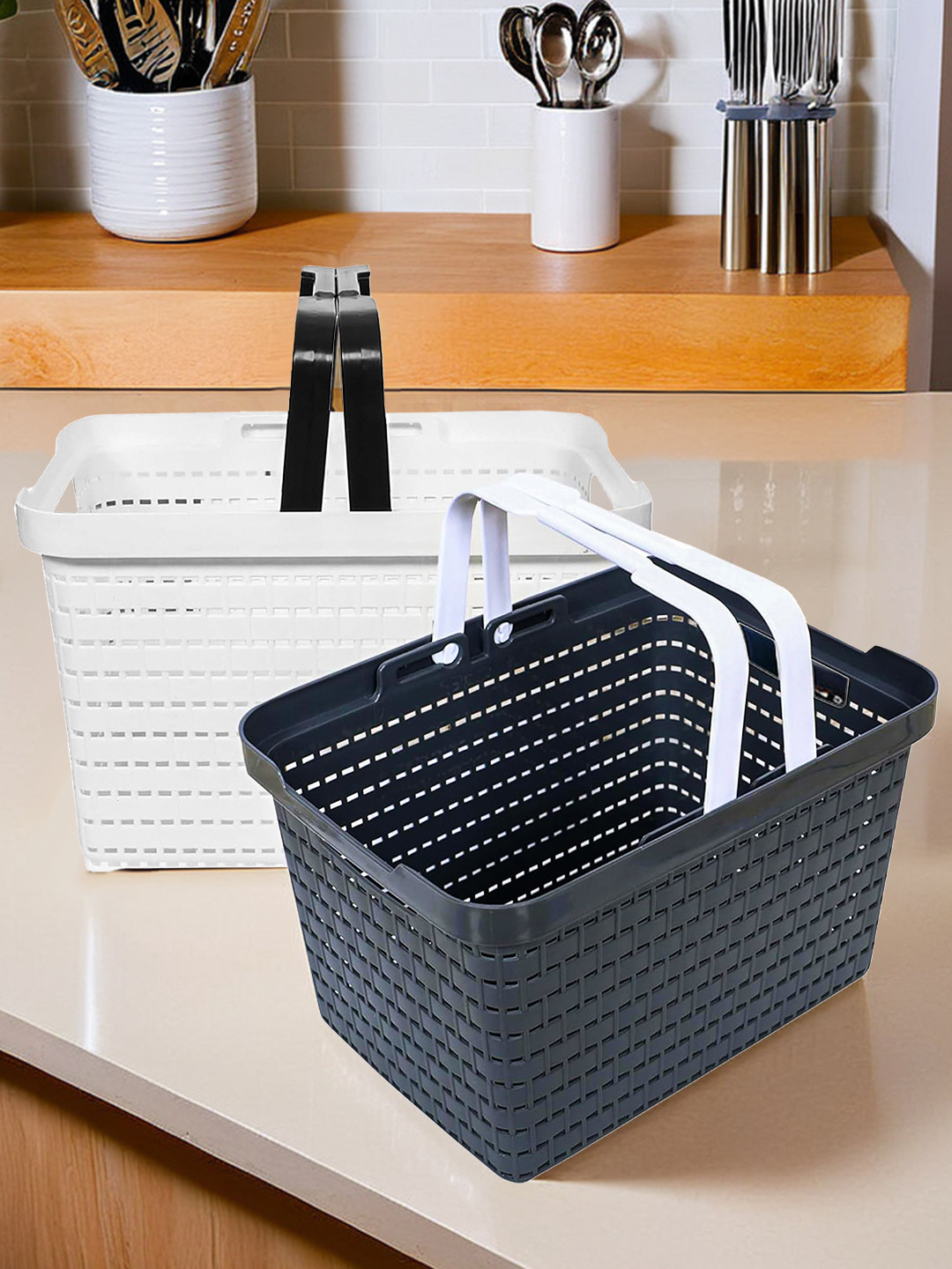 Kuber Industries White & Grey 2 Pieces Storage Basket