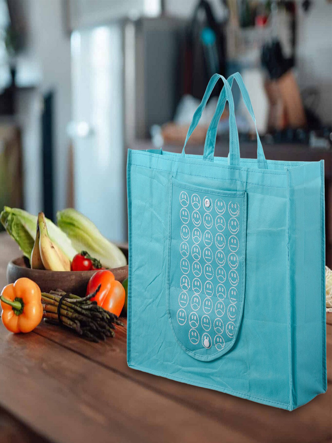 Kuber Industries 4 Pcs Blue & White Printed Foldable Tote Bags