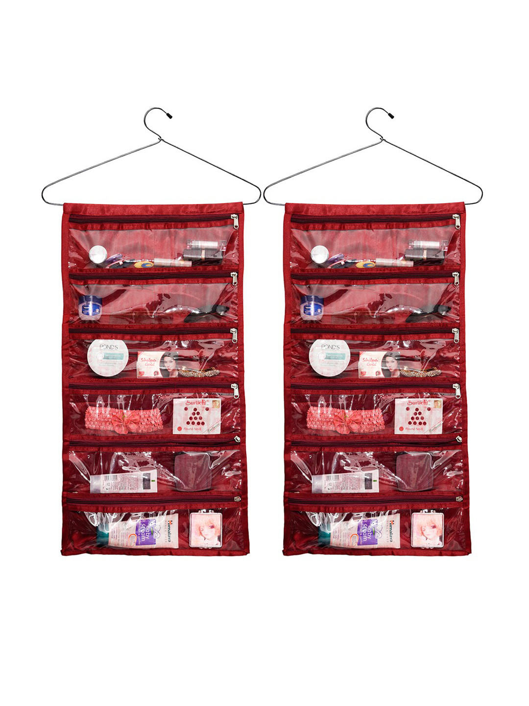 Kuber Industries Maroon 2 Pieces Satin 6 Transparent Zipper Foldable Storage Organizer