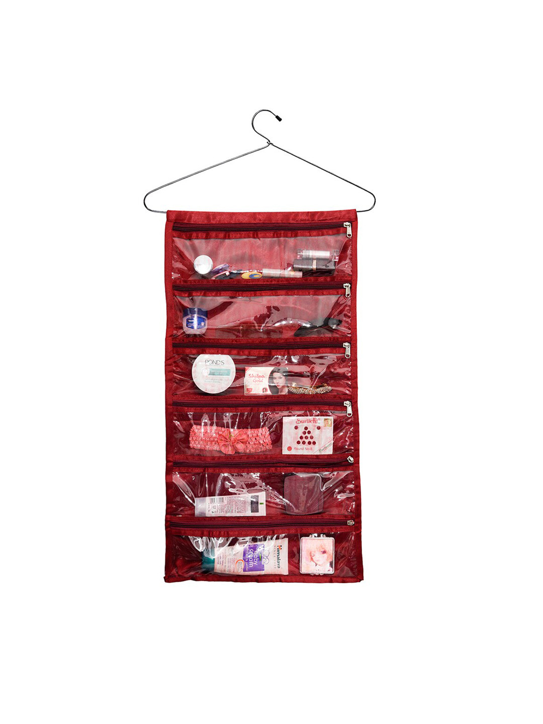 Kuber Industries Maroon Satin 6 Zipper Foldable Storage Organizer
