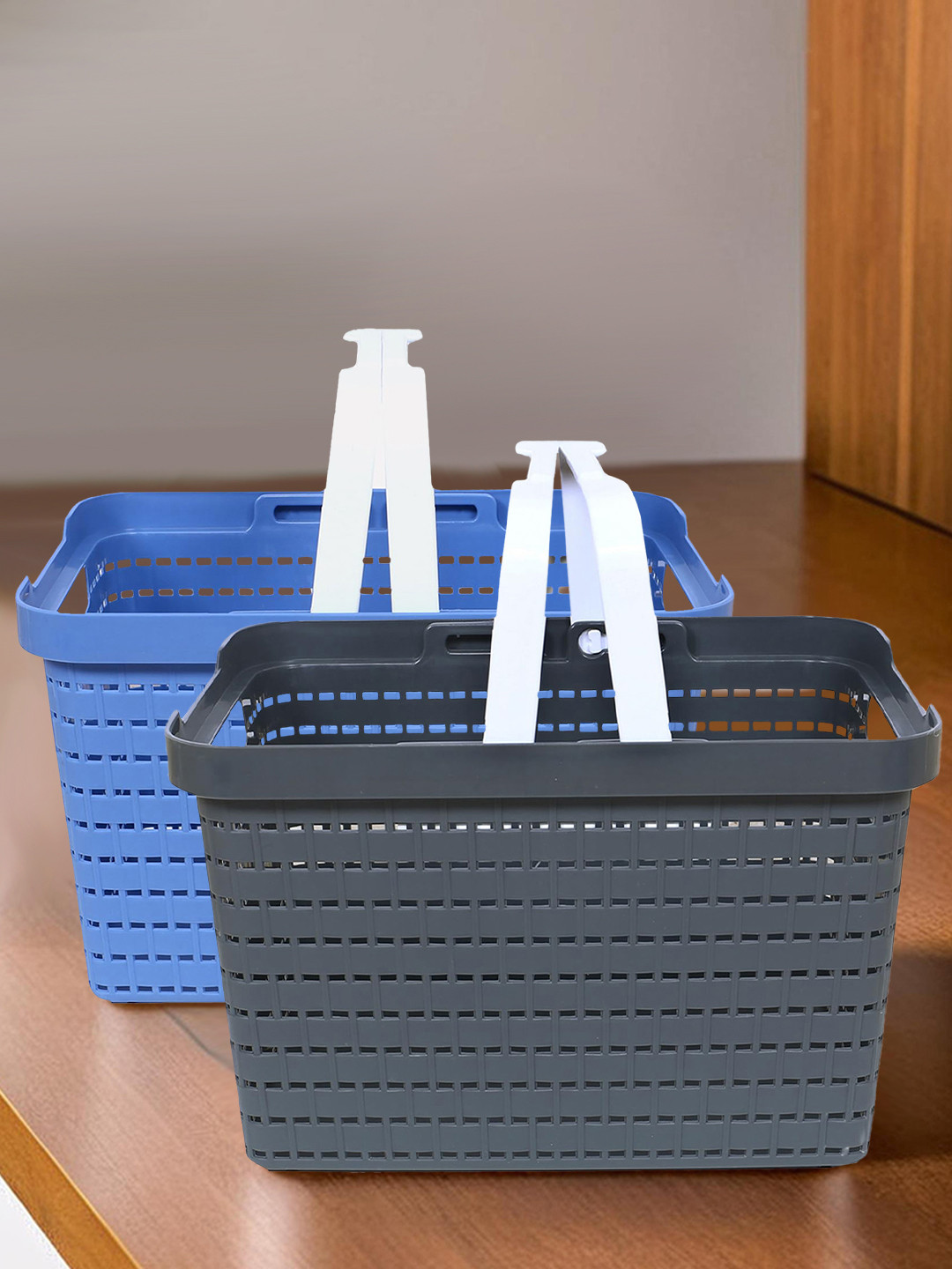 Kuber Industries 2 Pcs Blue & Grey Self-Design Stationery Storage Tote Baskets