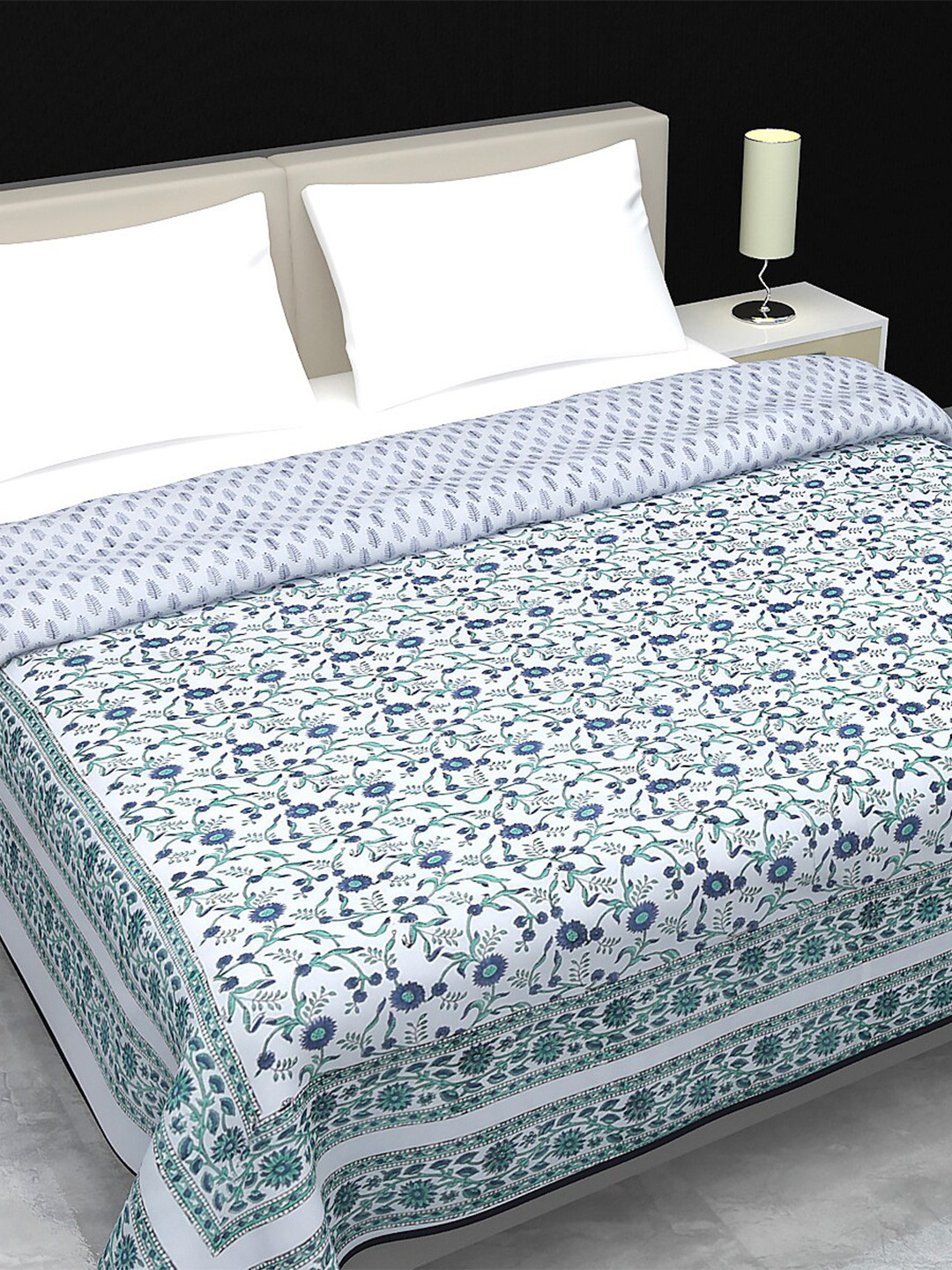 Jaipur Dohar Blue & White Floral AC Room 150 GSM Cotton Reversible Double Bed Dohar