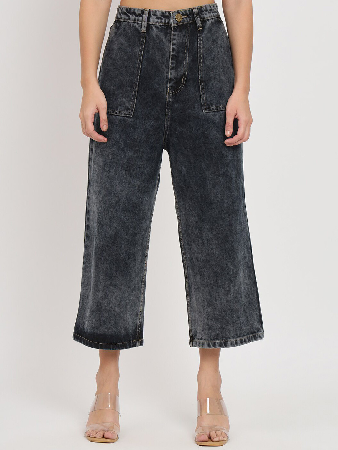 AngelFab Women Jean Flared Light Fade Cropped Cotton Jeans