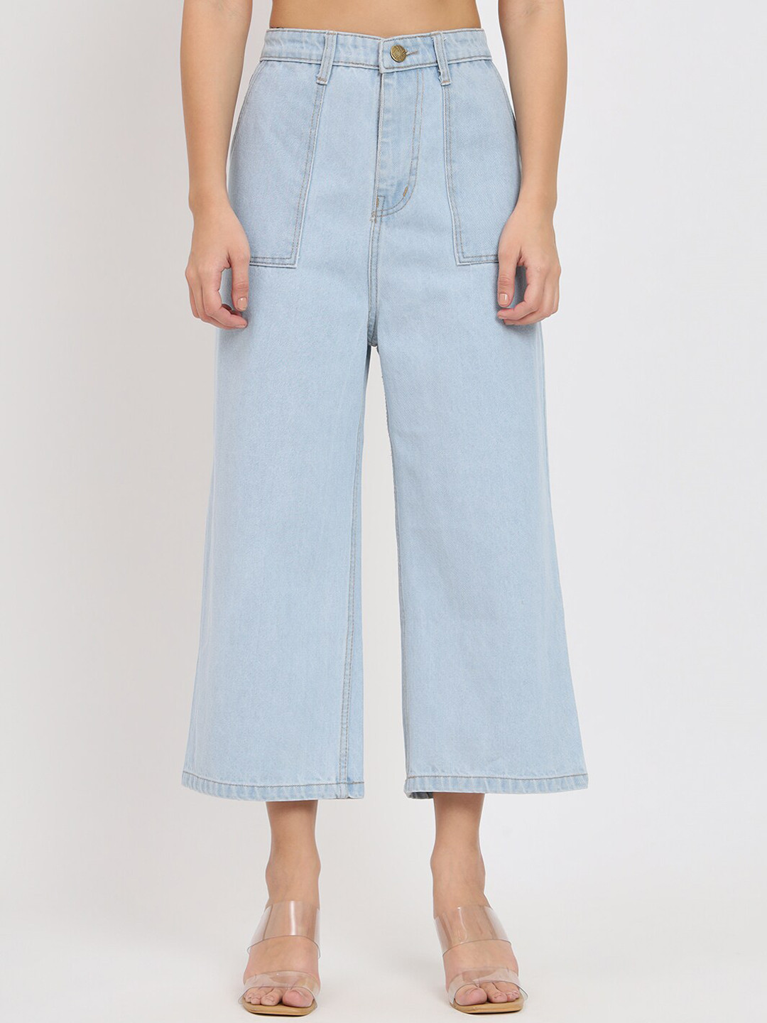 BAESD Women Blue Jean Flared High-Rise Cotton Cropped Jeans