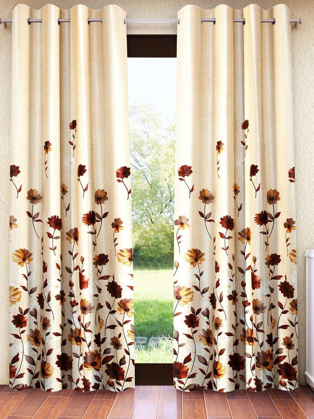 Home Sizzler Brown & Beige 2 Pieces Floral Window Curtain