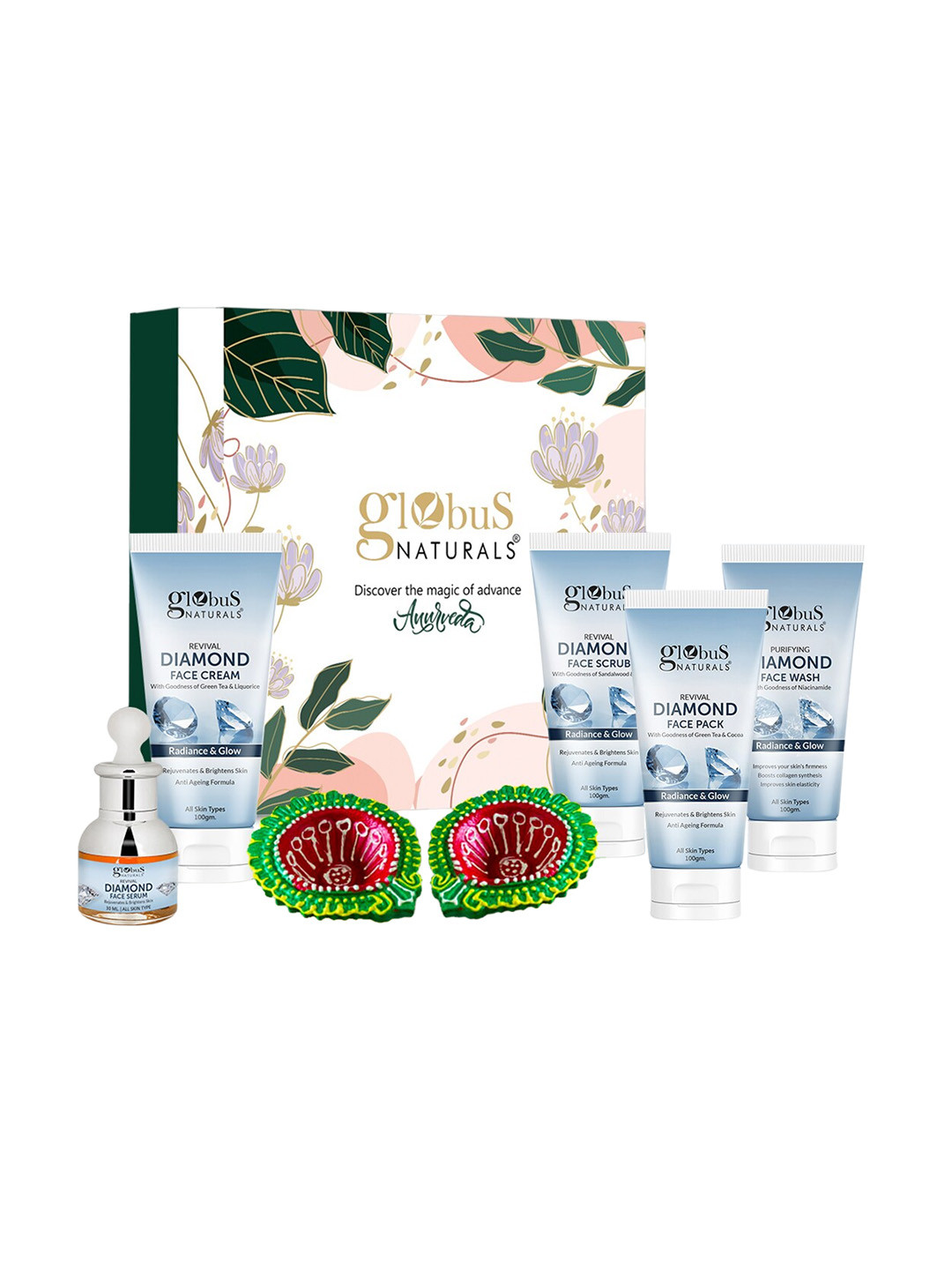 Globus naturals Revival Diamond Face Wash-Cream-Scrub Face Pack & Face Serum Gift Set