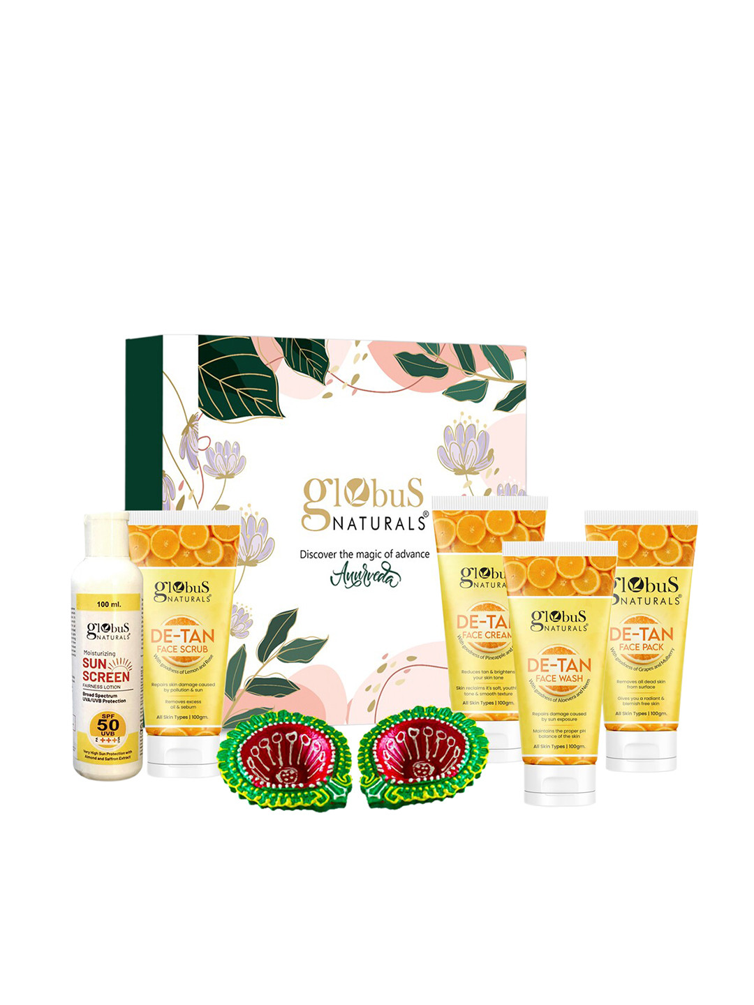 Globus naturals De-Tan 5Pcs Face Wash-Face Pack-Face Scrub- Face Cream-Sunscreen Lotion