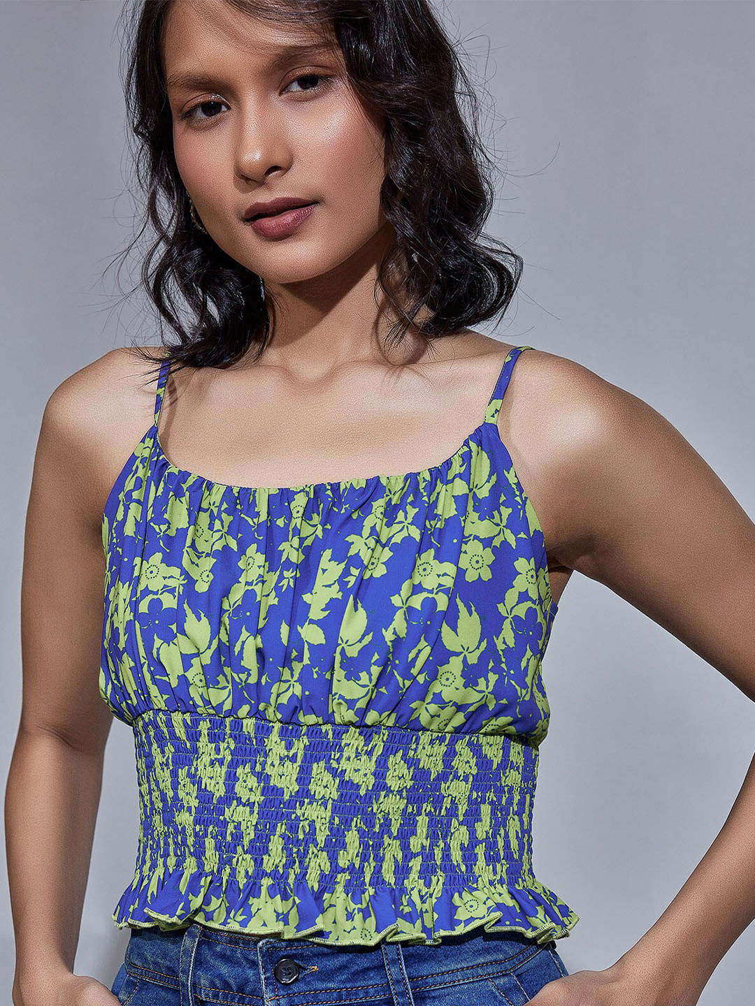 The Label Life Floral Printed Shoulder Straps Smocking Detail Cinched Waist Crop Top