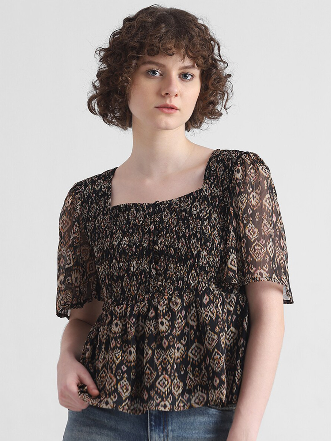 ONLY Onllima Ss Floral Printed Square Neck Empire Top