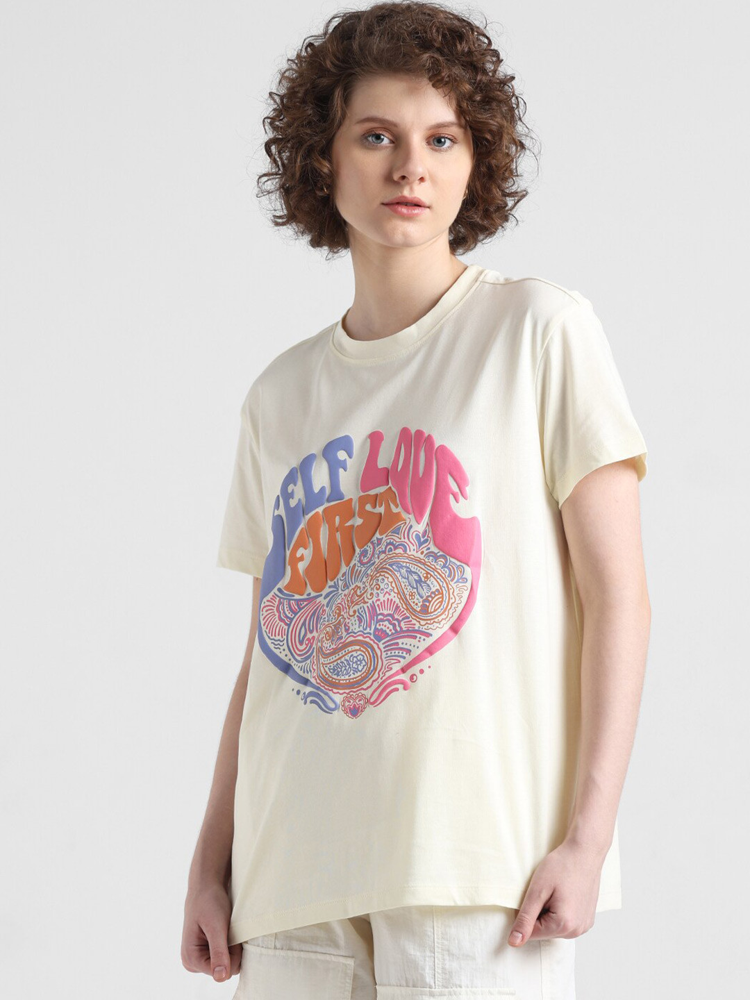 ONLY Onlcan Blind Algona Ss Typography Printed Pure Cotton T-shirt