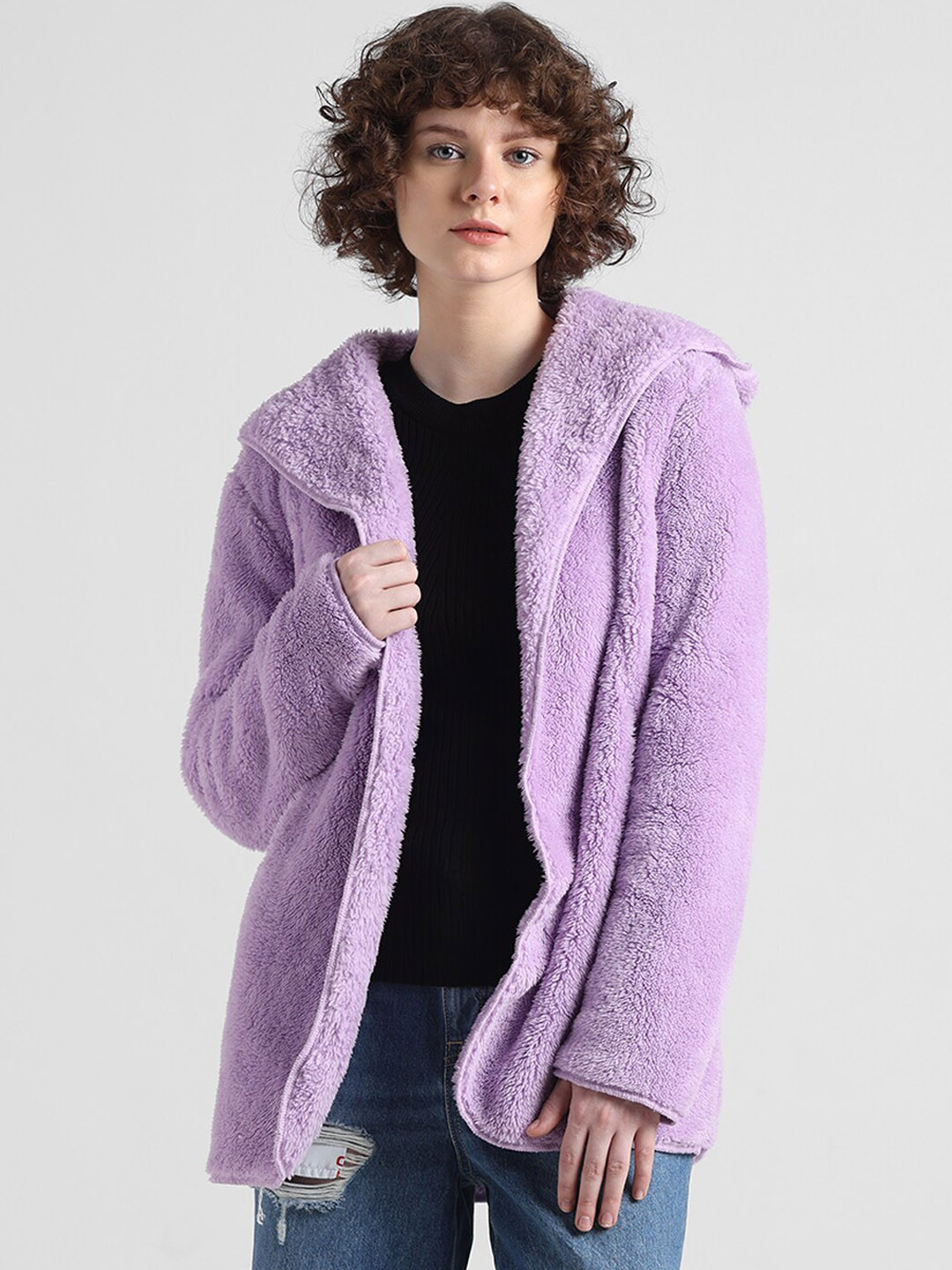 ONLY Fur Self Design Hooded Front-Open Sherpa Coats