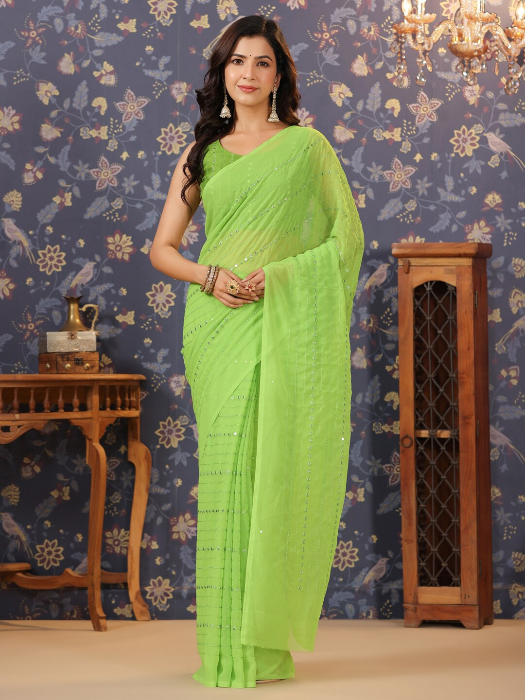 House of Pataudi Green Striped Mirror Work Poly Georgette Saree