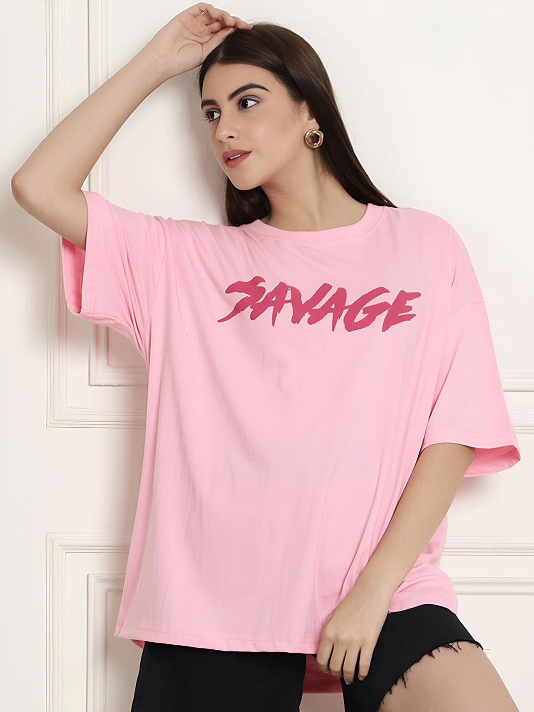 Fabflee Women Drop-Shoulder Cotton Printed Oversized T-Shirt