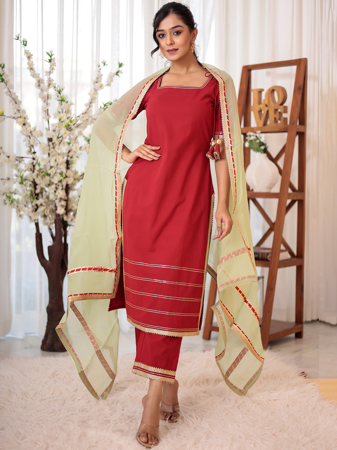 Indian Virasat Regular Gotta Patti Pure Cotton Kurta with Trousers & Dupatta