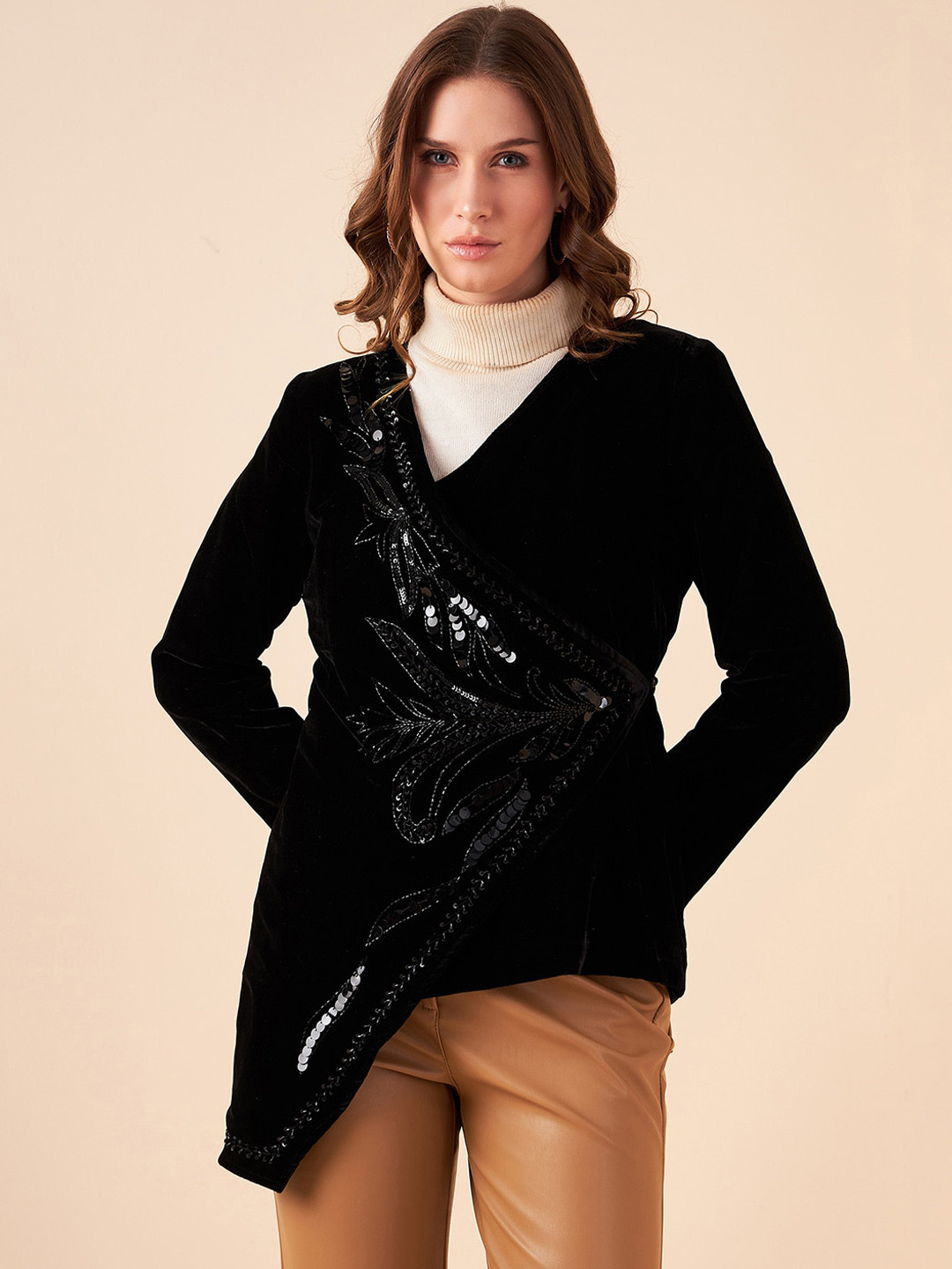 Antheaa Black Embellished Shawl Collar Long Sleeves Velvet Single-Breasted Wrap Coat