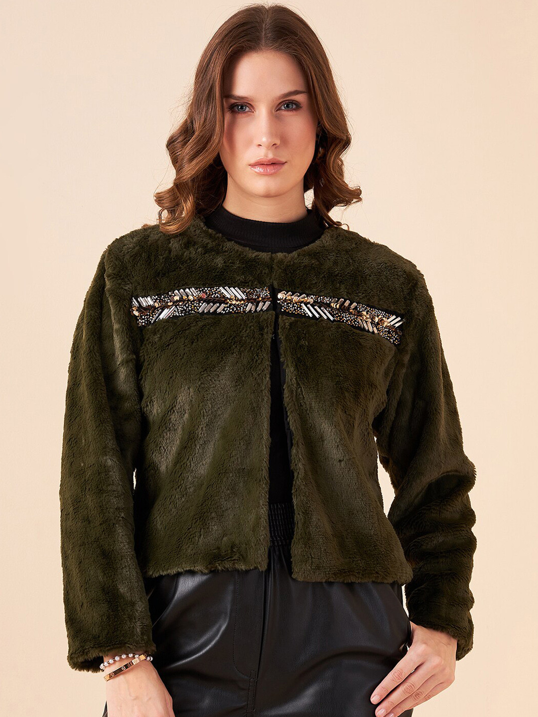 Antheaa Olive Green Embroidered Fur Tailored Jacket