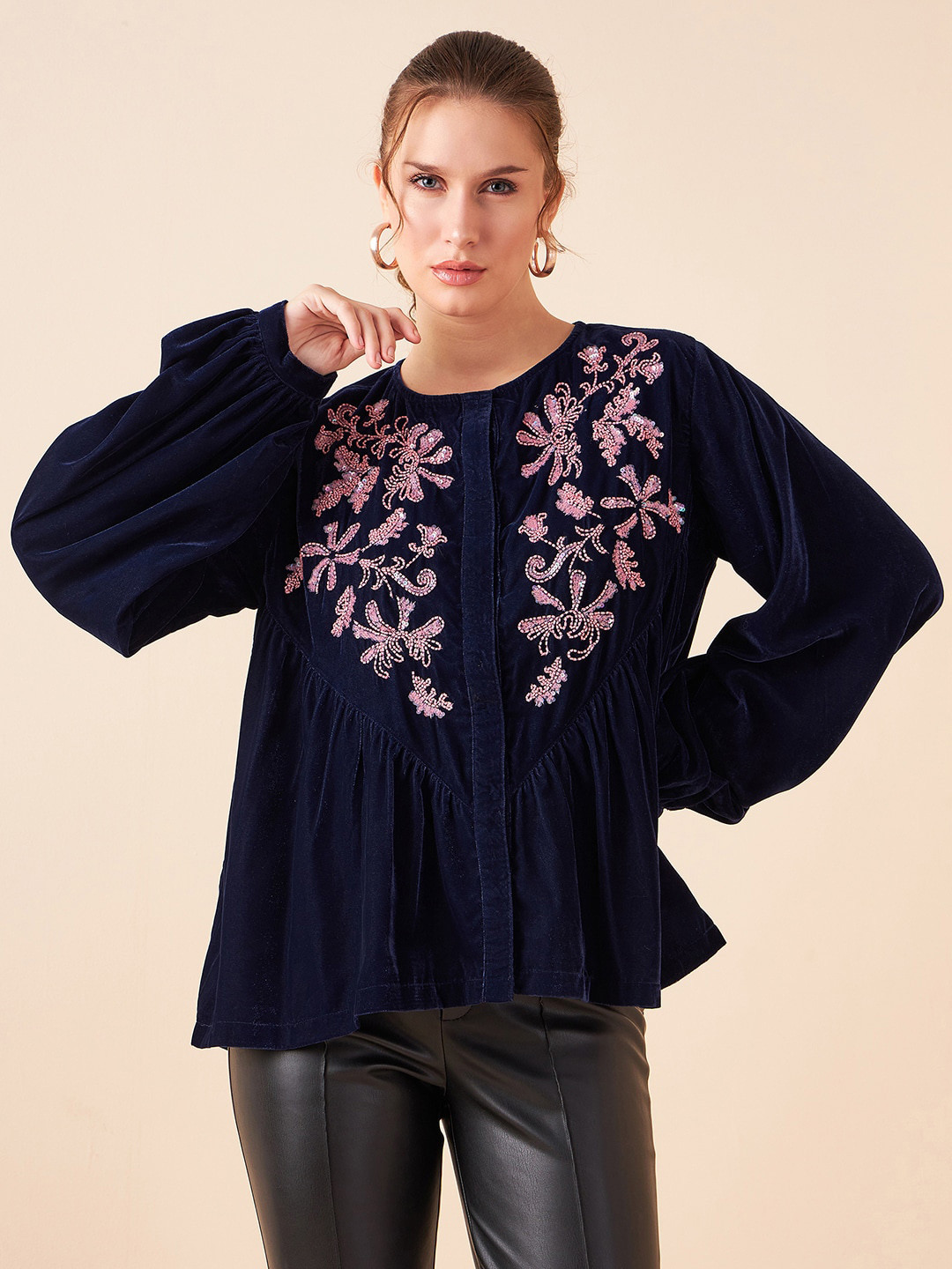 Antheaa Floral Embroidered Round Neck Velvet Finish Regular Top