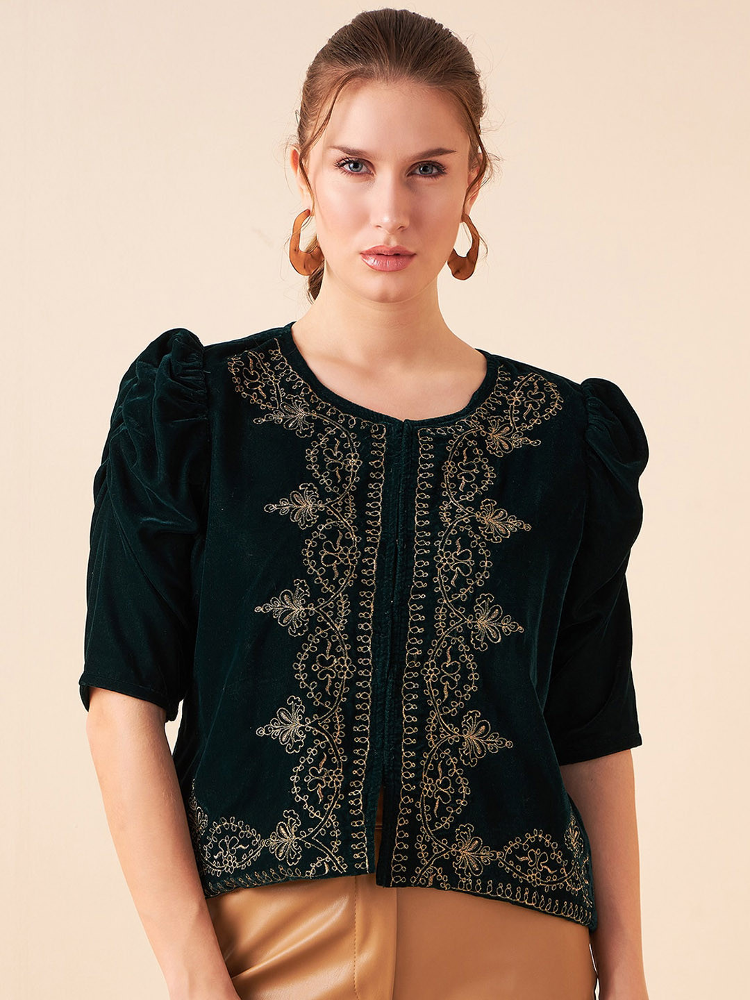 Antheaa Green Embroidered Detailed Velvet Tailored Jacket