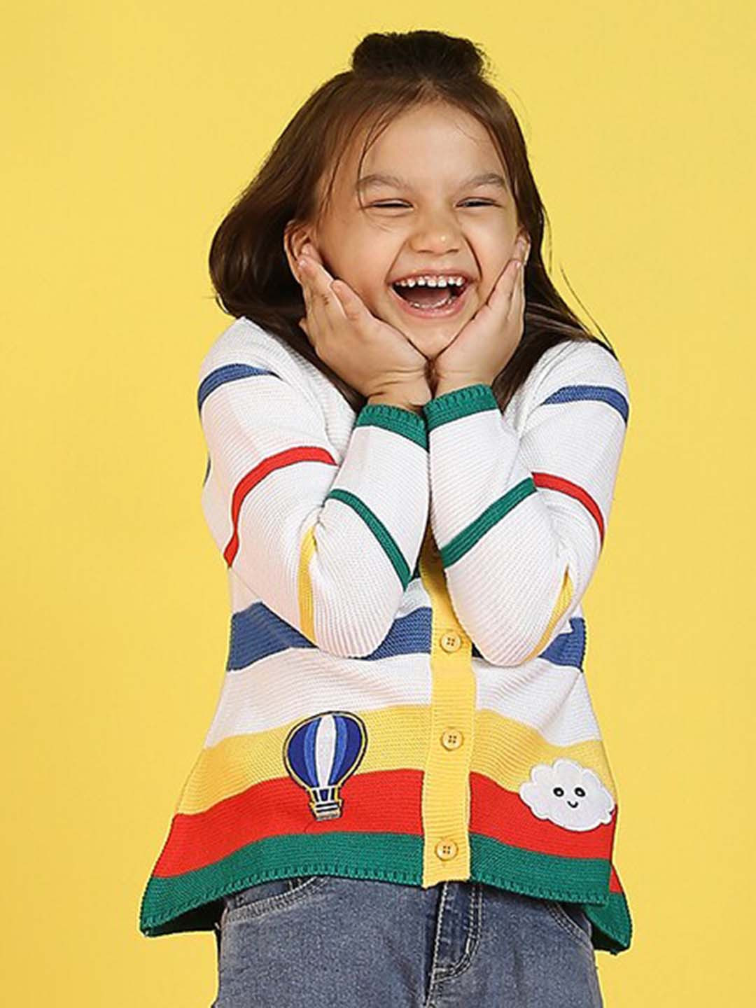 Nauti Nati Girls Colourblocked Jacquard-Knit Ribbed Hooded Acrylic Cardigan