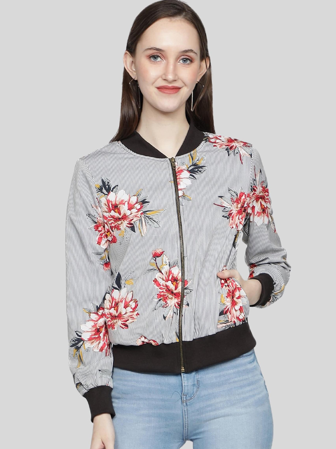 NUEVOSDAMAS Grey Floral Printed Stand Collar Bomber Crop Full Sleeve Jacket