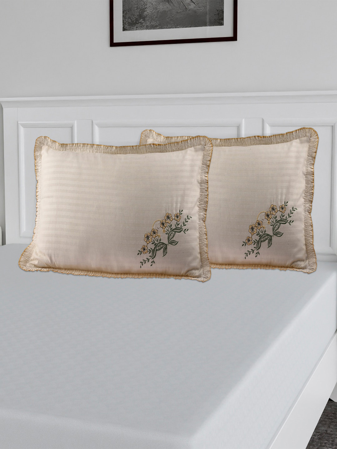 Kuber Industries Beige 2-Pieces Embroidered Pure-Cotton Pillow Covers