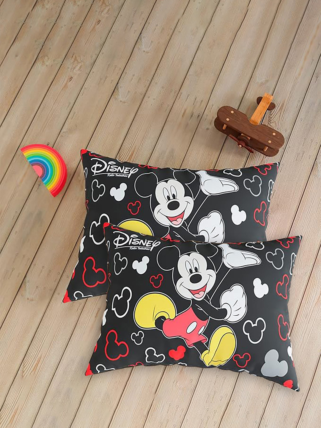 Kuber Industries 2Pcs Black & Red Disney Mickey Mouse Printed Pure Silk Pillow Covers