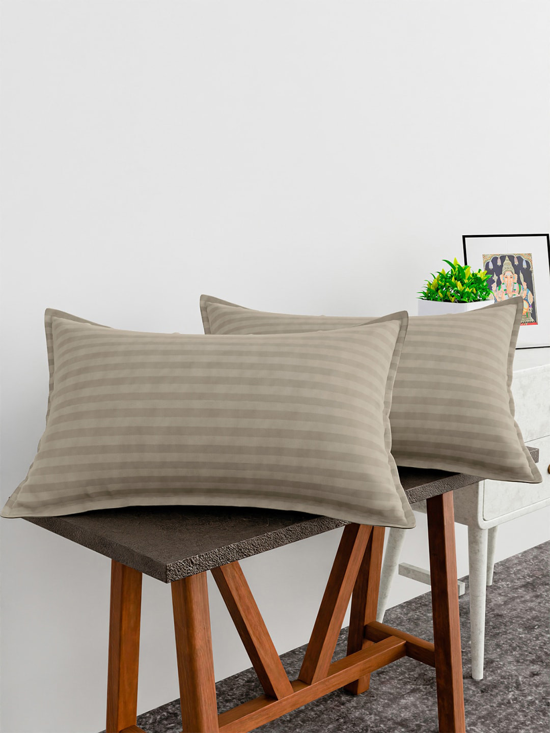 Kuber Industries 2 Pcs Cream-Colored Striped Pure Cotton Pillow Covers