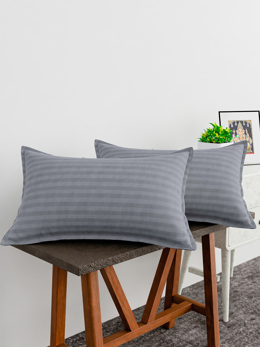Kuber Industries Grey 2-Pieces Striped Pure Cotton Pillow Covers