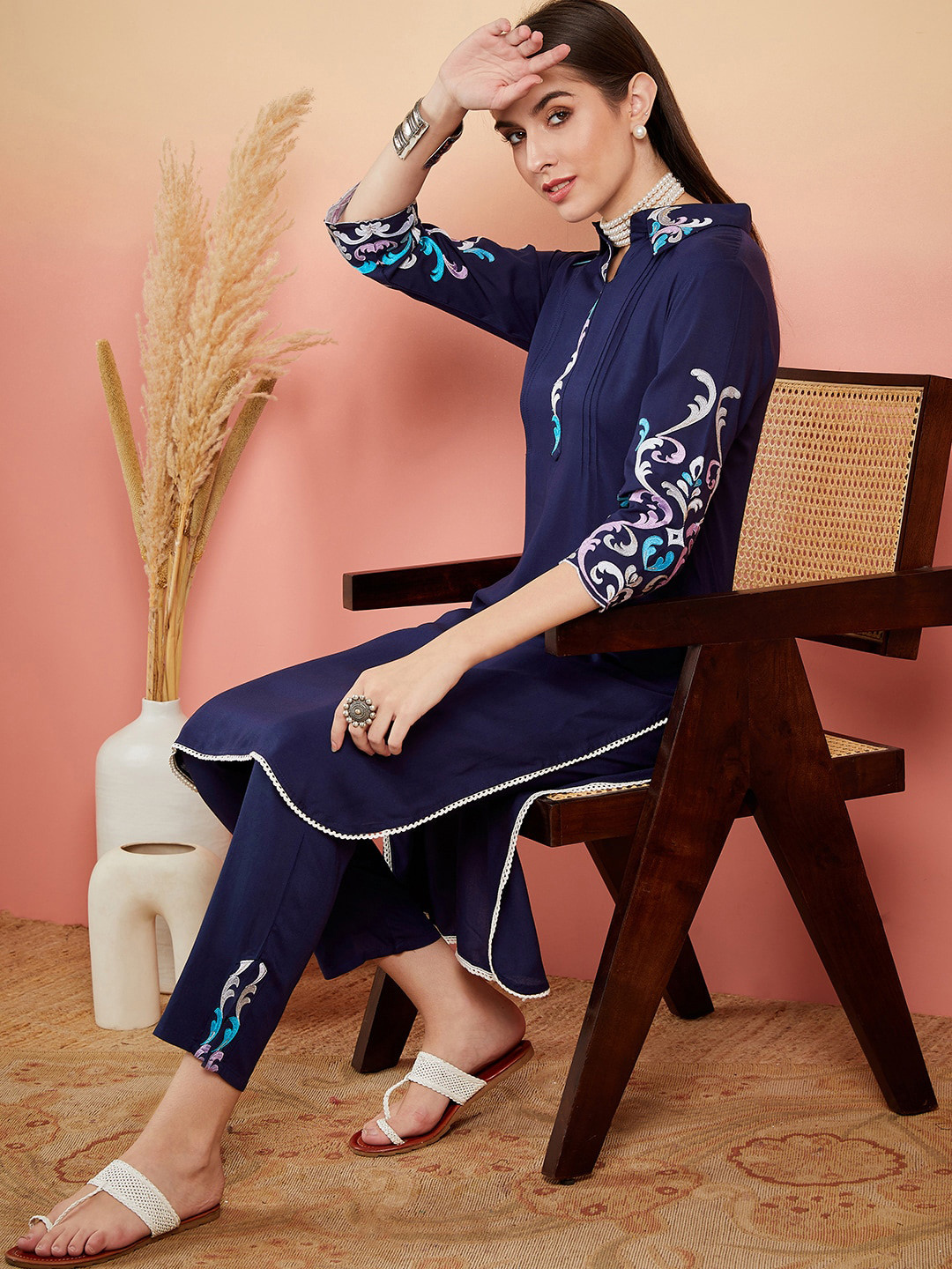 Sangria Navy Blue Floral Embroidered Shirt Collar Straight Kurta & Trousers