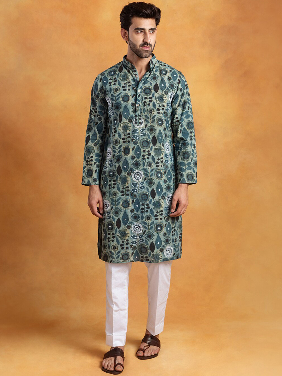 Aashima Wahal Floral Block Printed Band Collar Cotton Kurta
