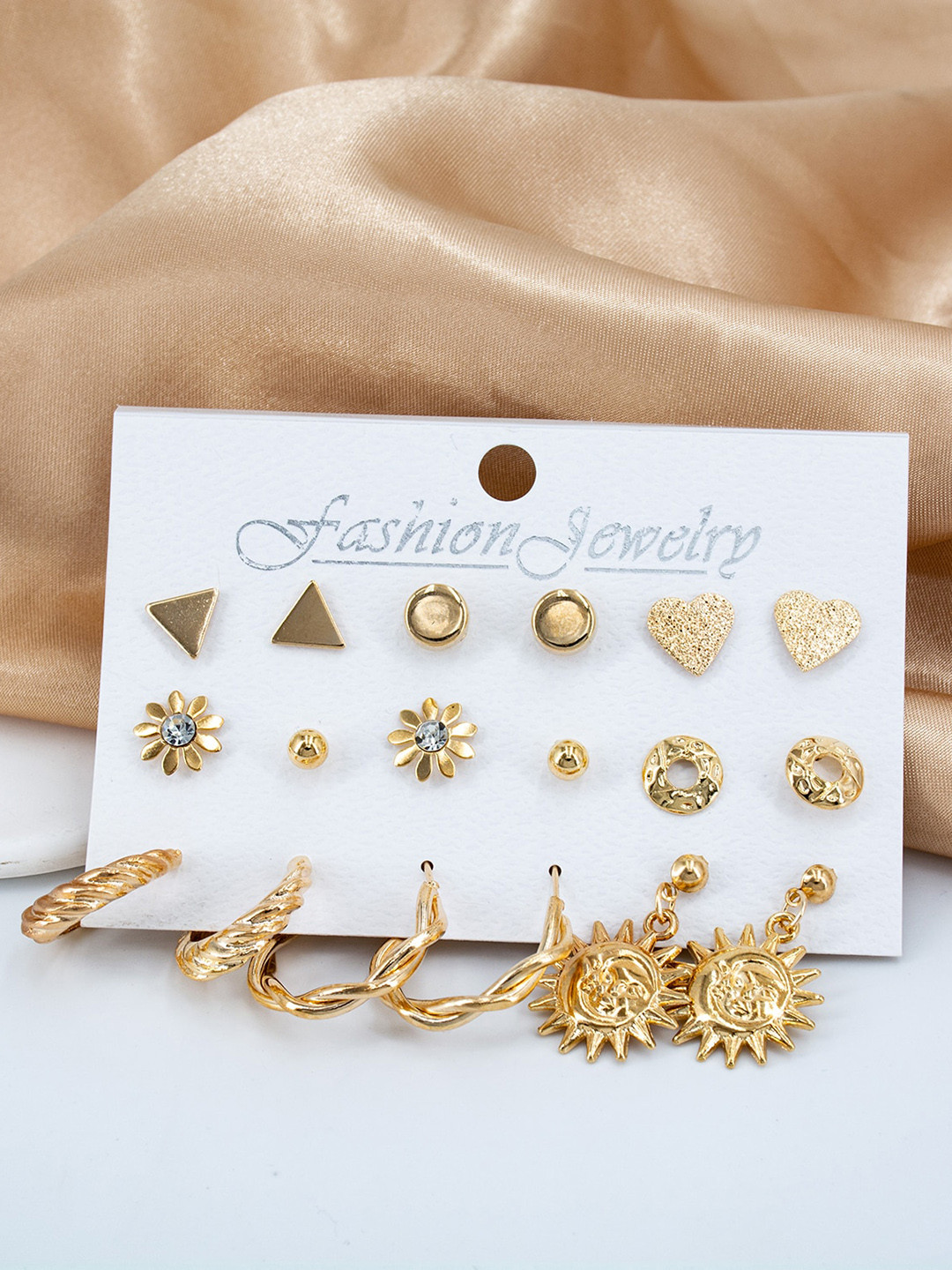 VIEN Set Of 9 Gold Plated Geometric Studs